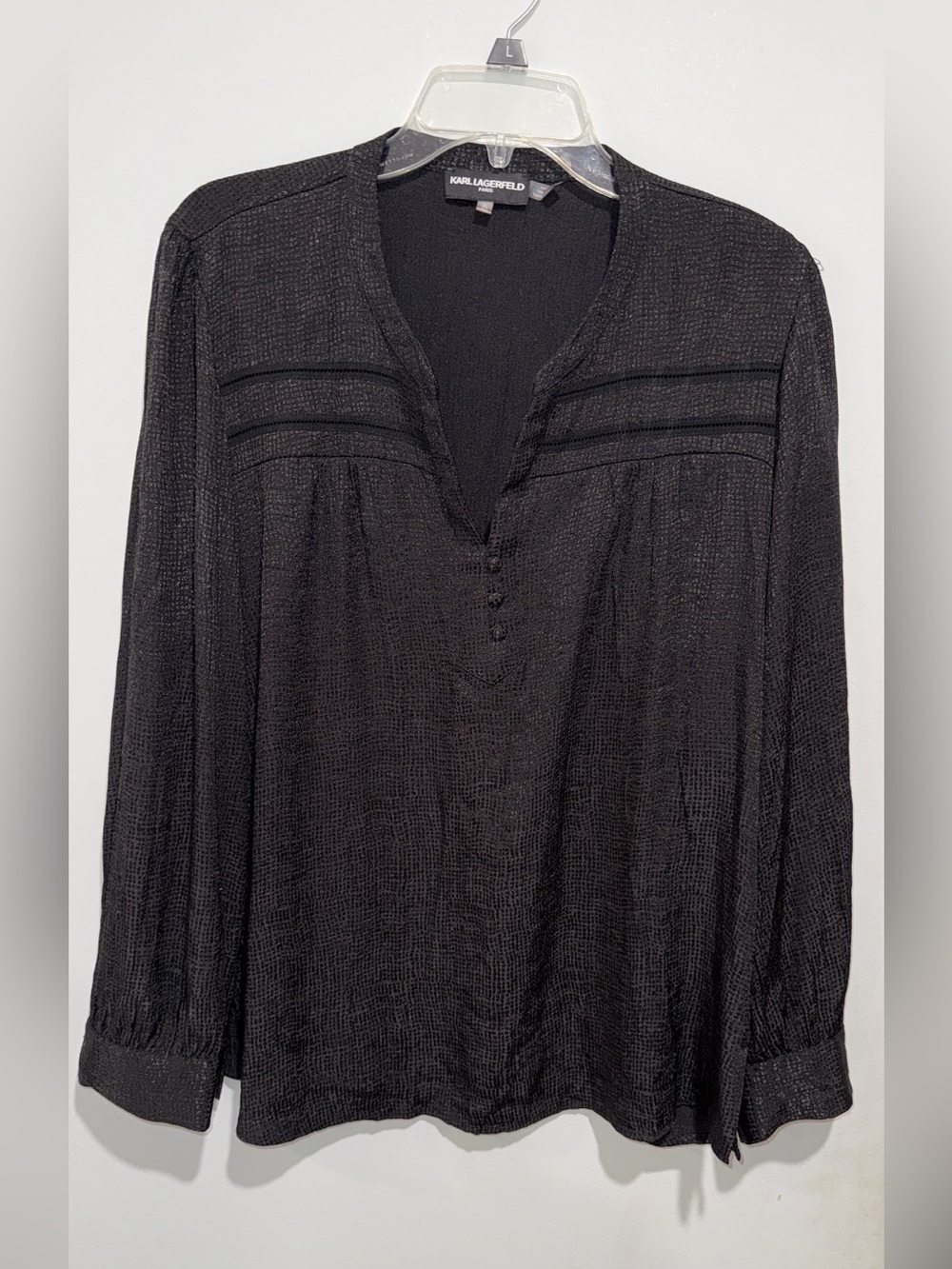 Karl Lagerfeld Black Textured V-Neck Button-Trim Blouse